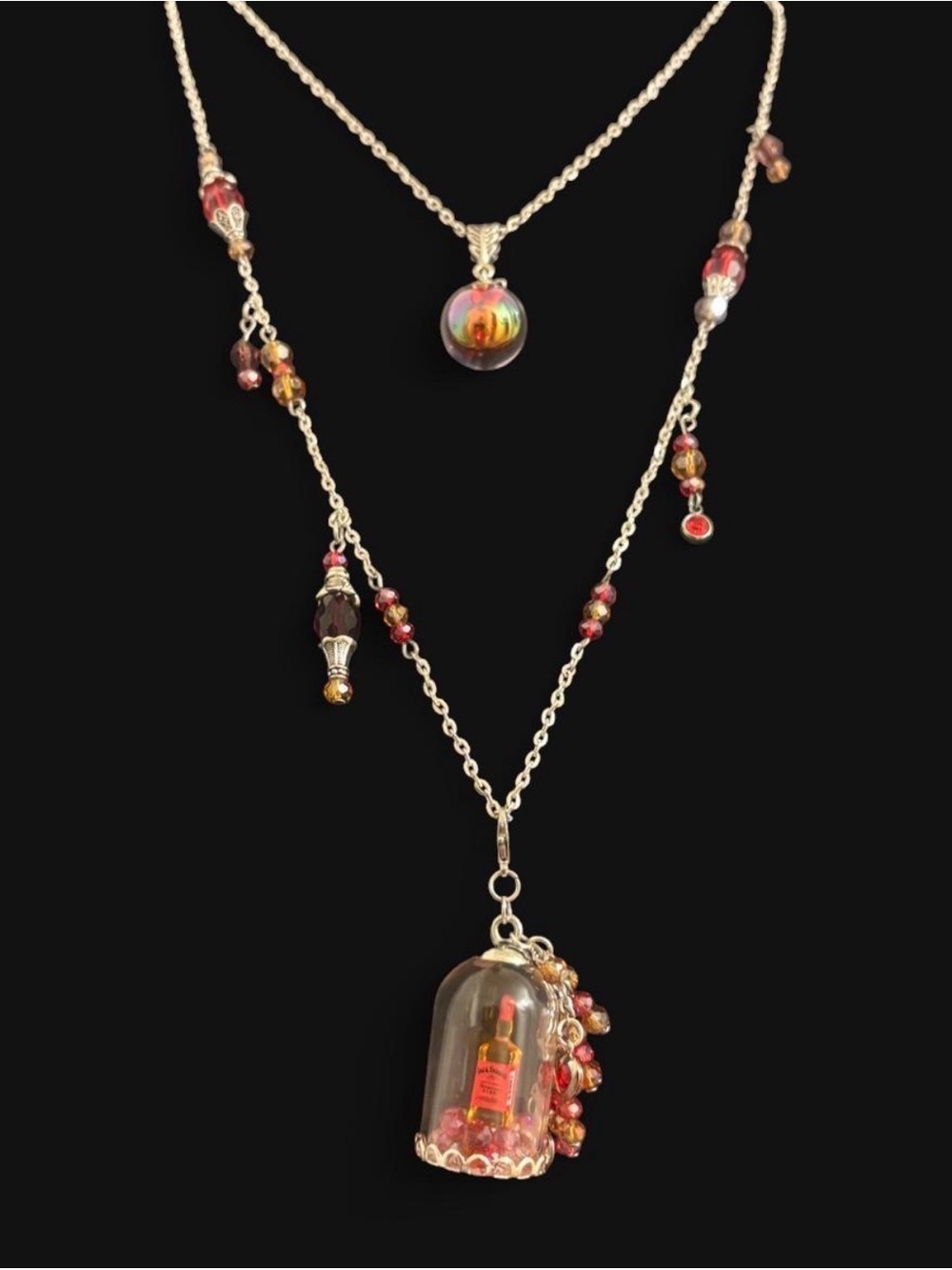 Only 1 NWT Glass Dome cloche fire whiskey Bottle Charm layer Necklace in Red